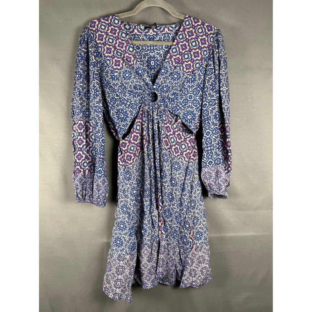 Angie Mini Dress Womens Medium Blue Geometric Cut Out O-Ring Long Sleeve Boho